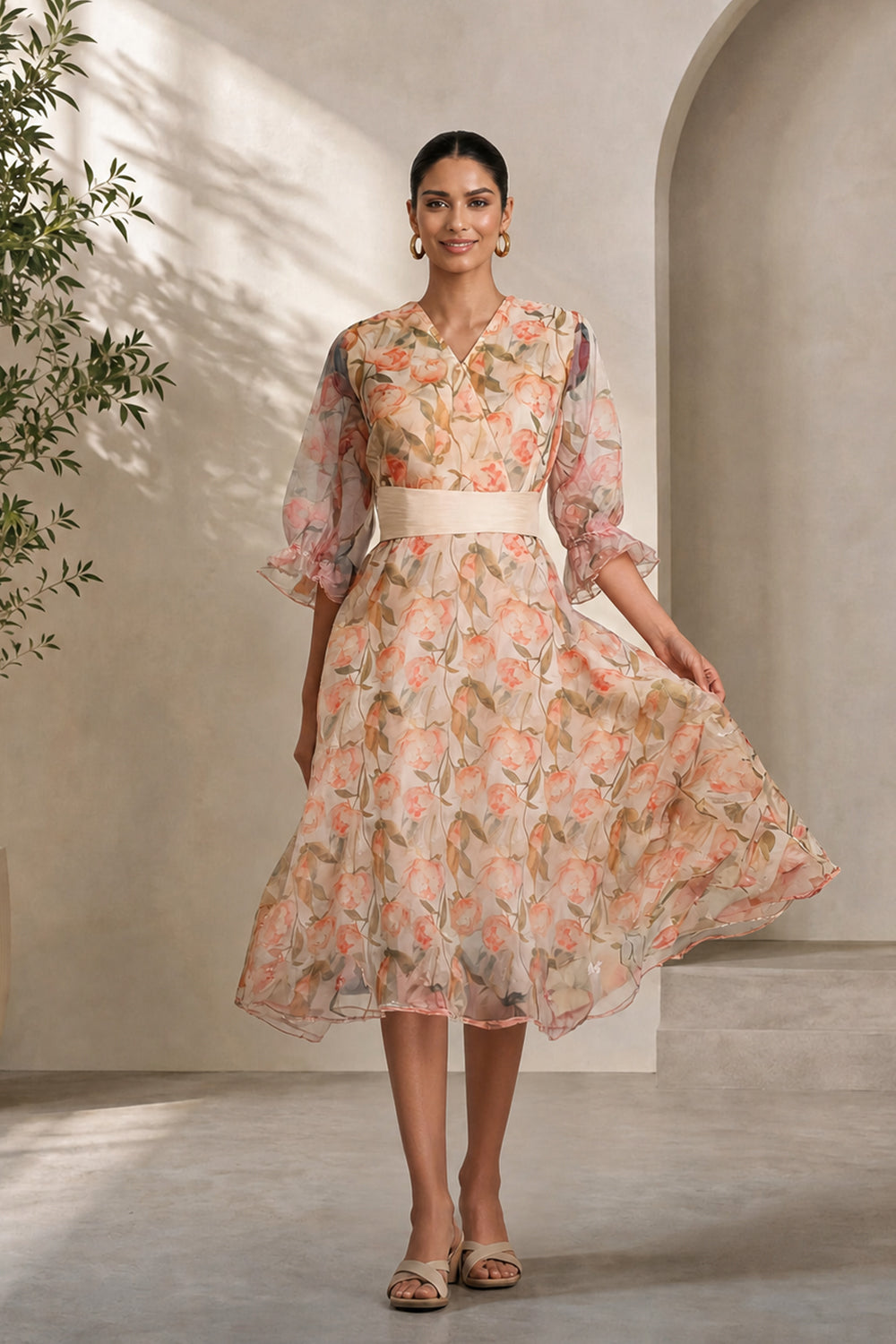ORGANZA PRINTED A-LINE DRESS- SOFT CREAM