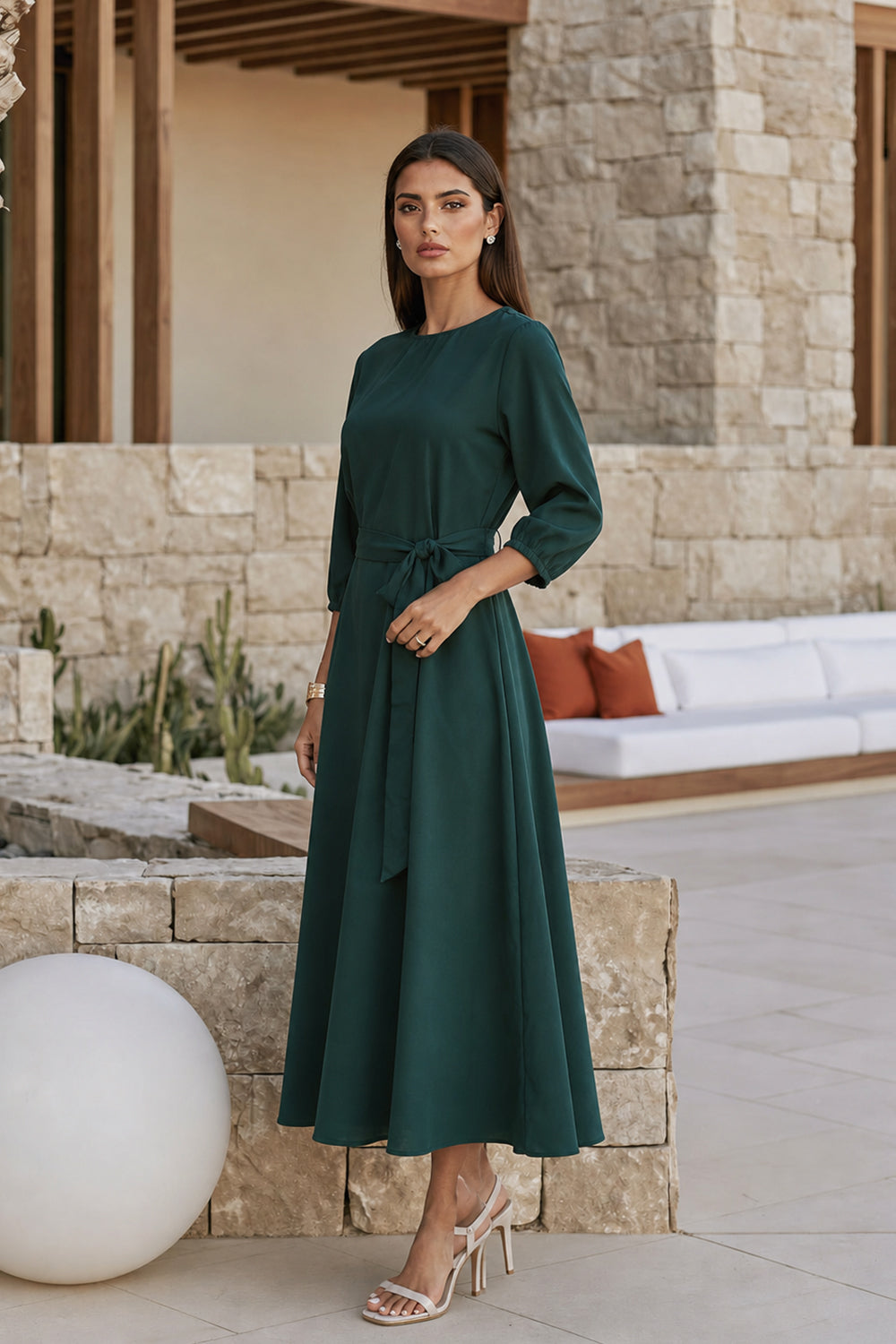 POLY A-LINE MIDI DRESS-GREEN