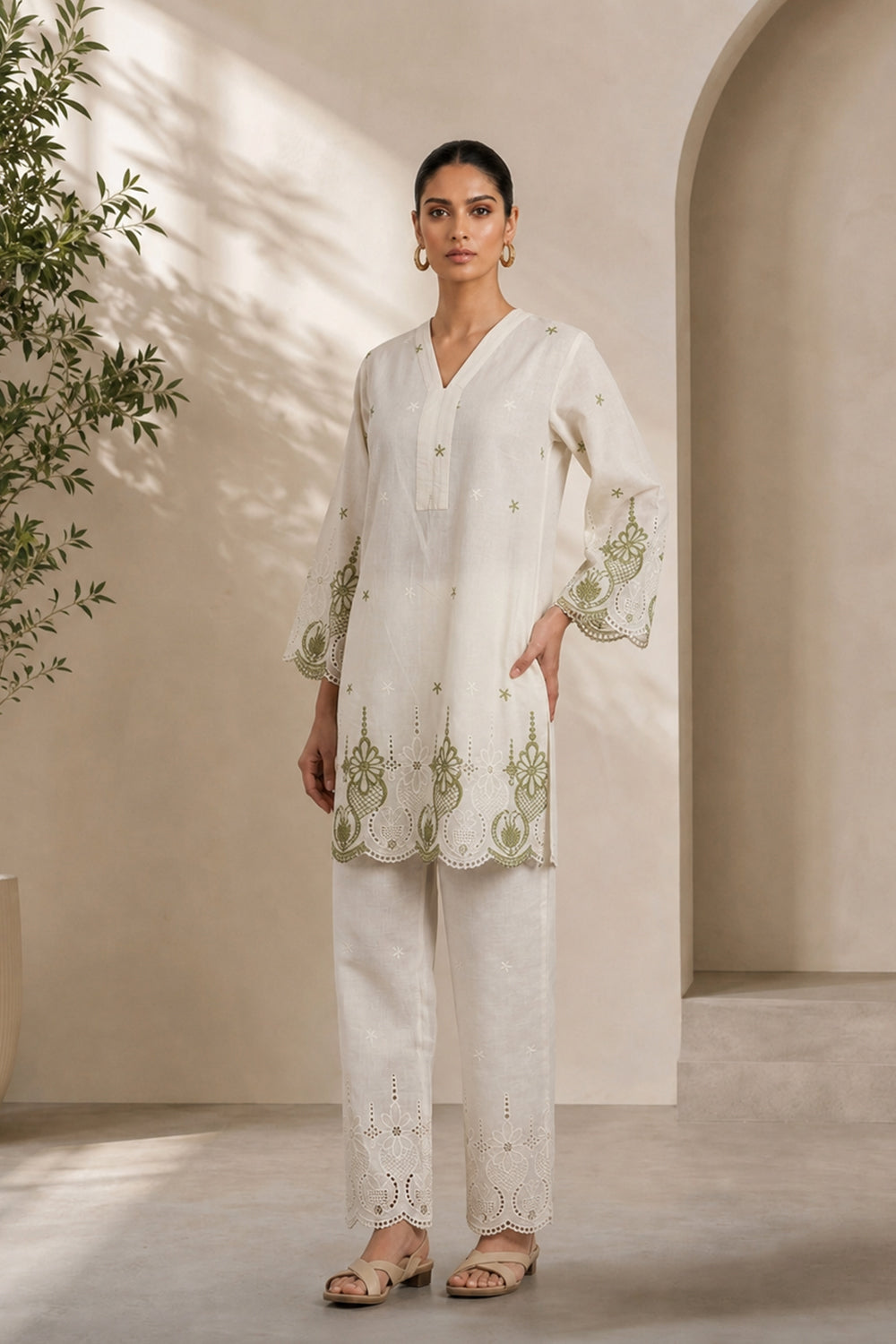 COTTON EMBROIDERED TUNIC SET- OLIVE GREEN
