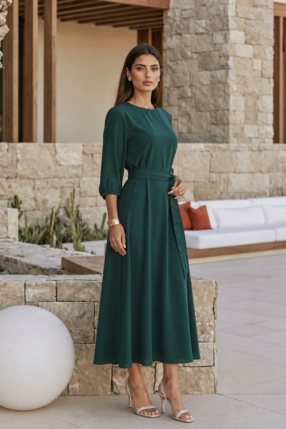 POLY A-LINE MIDI DRESS-GREEN