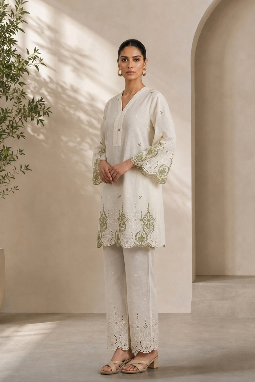 COTTON EMBROIDERED TUNIC SET- OLIVE GREEN