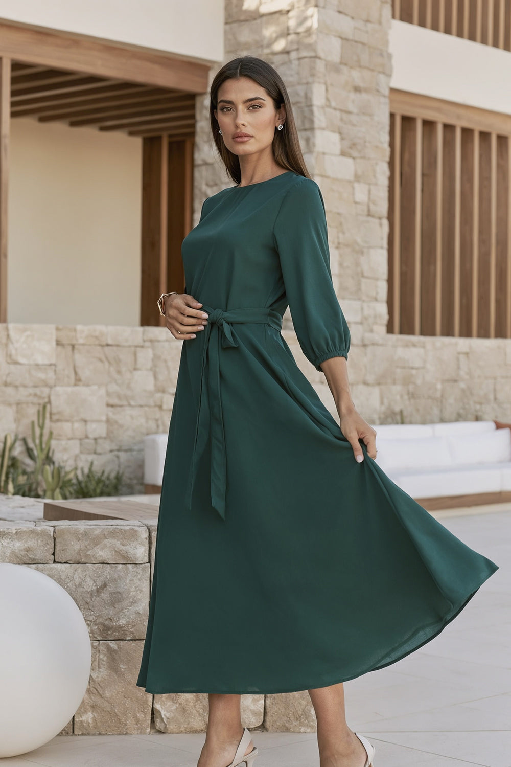POLY A-LINE MIDI DRESS-GREEN
