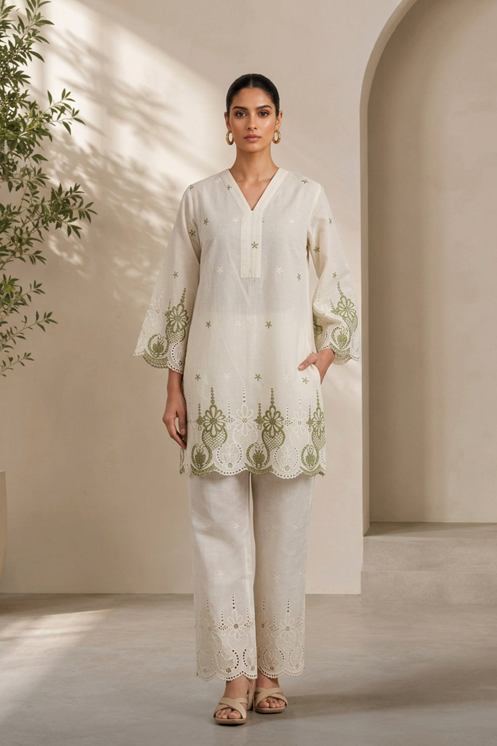 COTTON EMBROIDERED TUNIC SET- OLIVE GREEN
