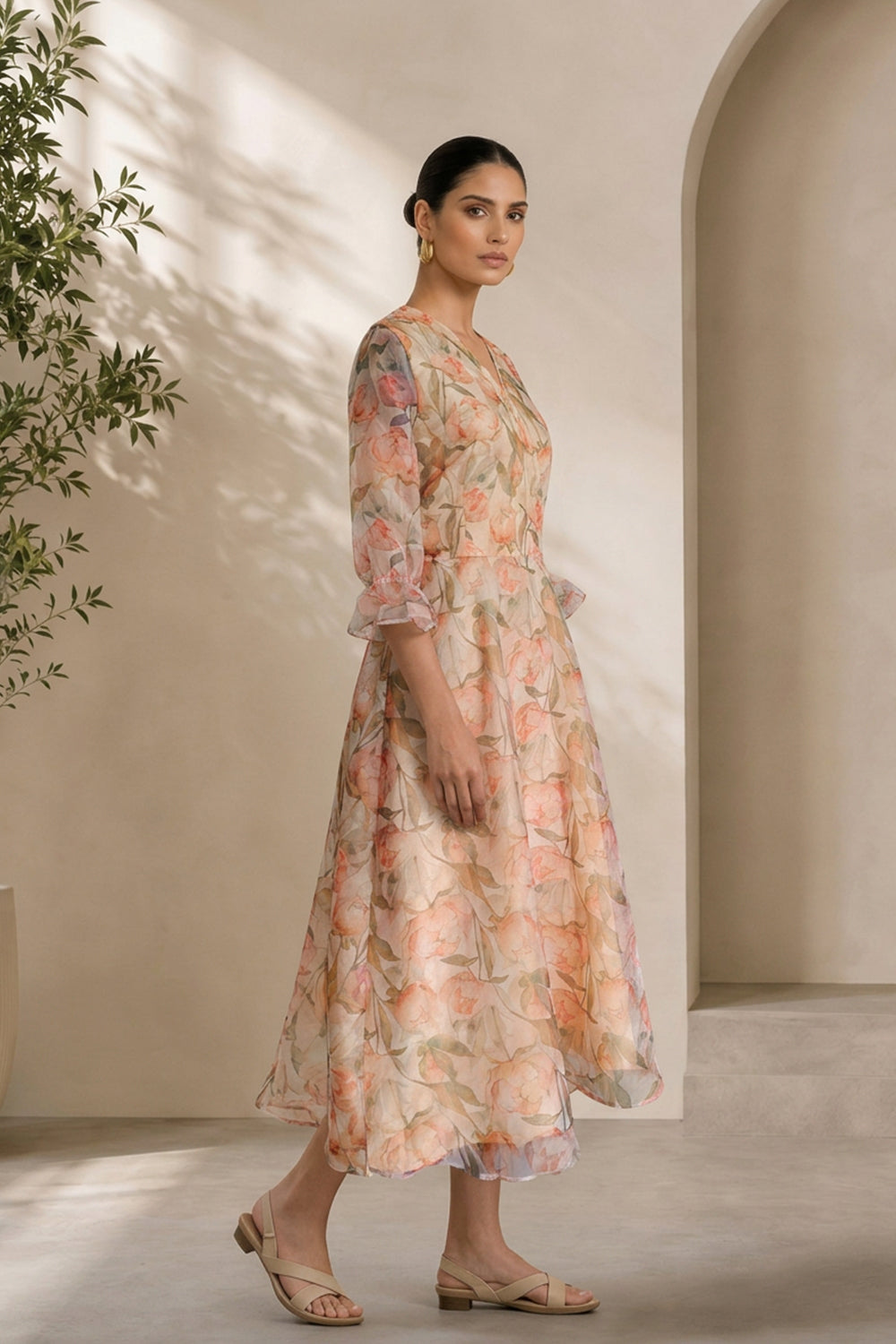 ORGANZA PRINTED A-LINE DRESS- SOFT CREAM