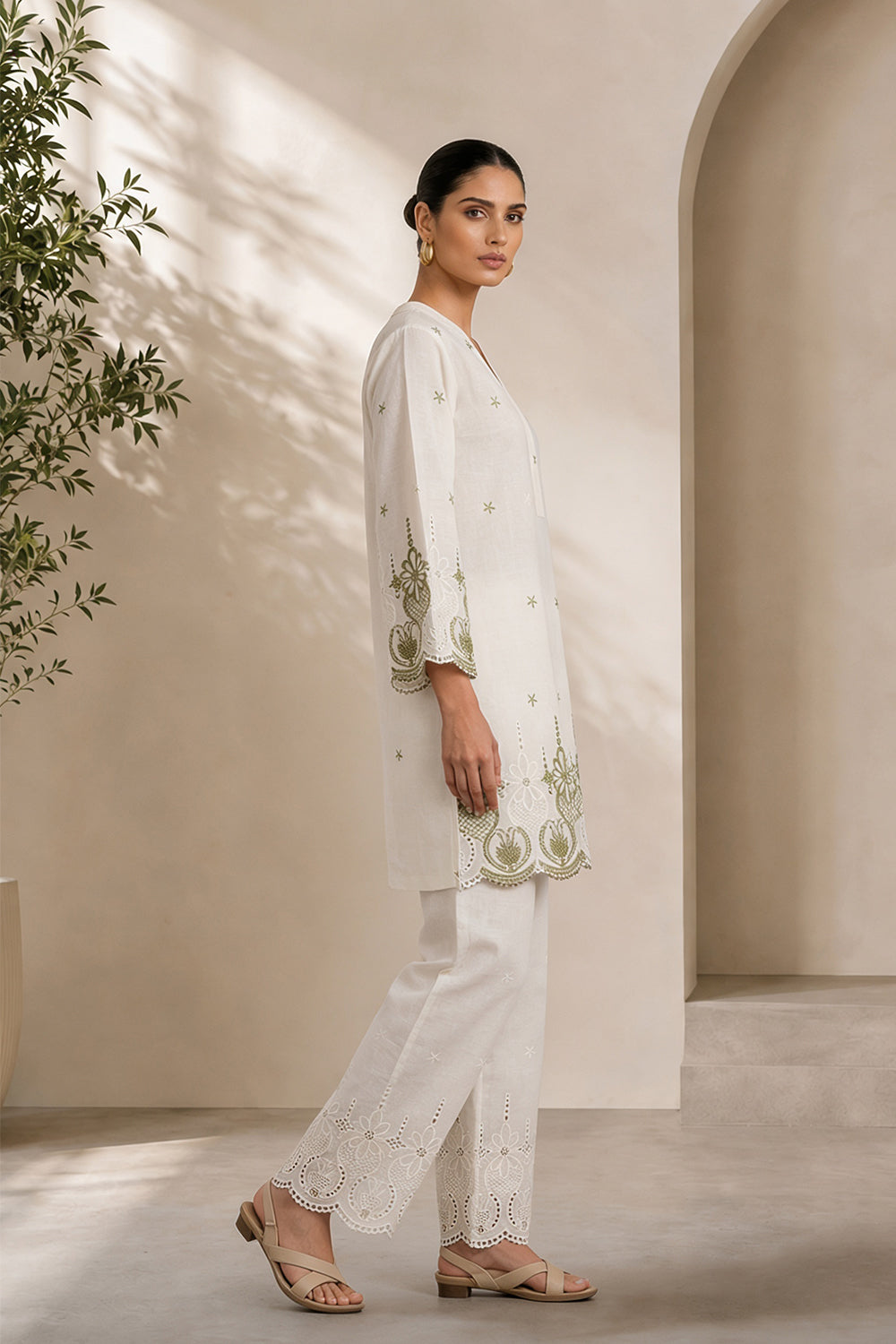 COTTON EMBROIDERED TUNIC SET- OLIVE GREEN