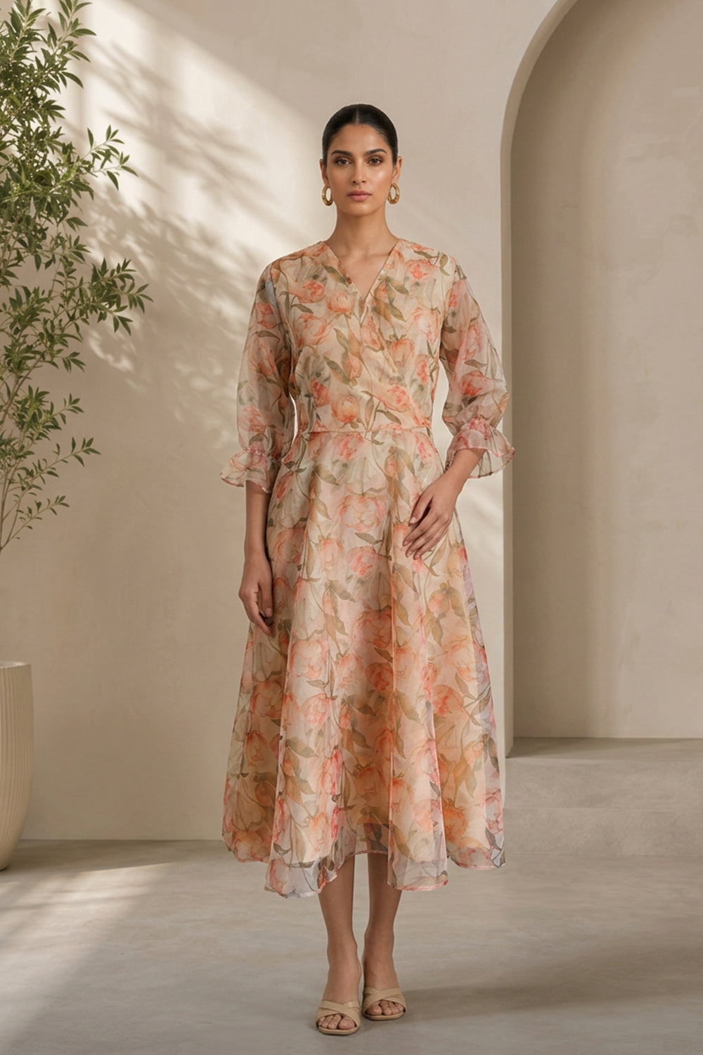 ORGANZA PRINTED A-LINE DRESS- SOFT CREAM