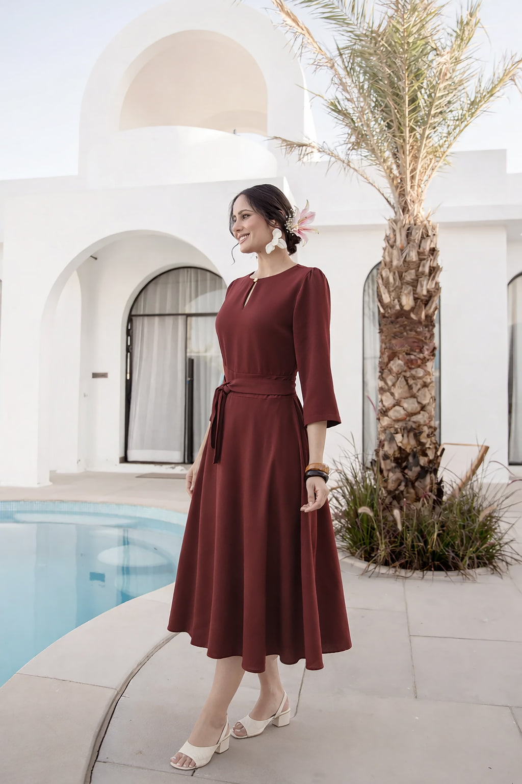 POLY A-LINE MIDI DRESS-MAROON