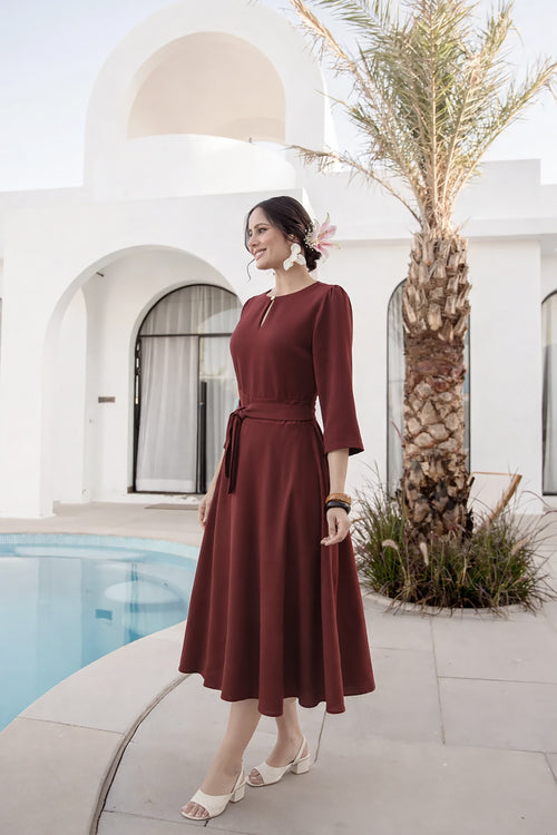 MAROON A-LINE MIDI DRESS