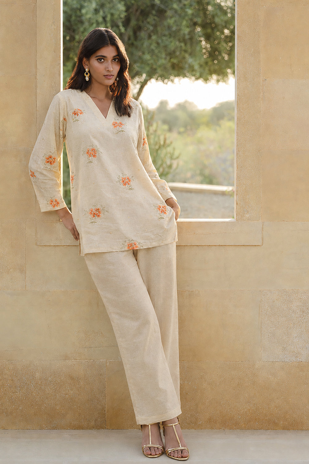 COTTON FLORAL EMBROIDERED CO-ORD -RUST