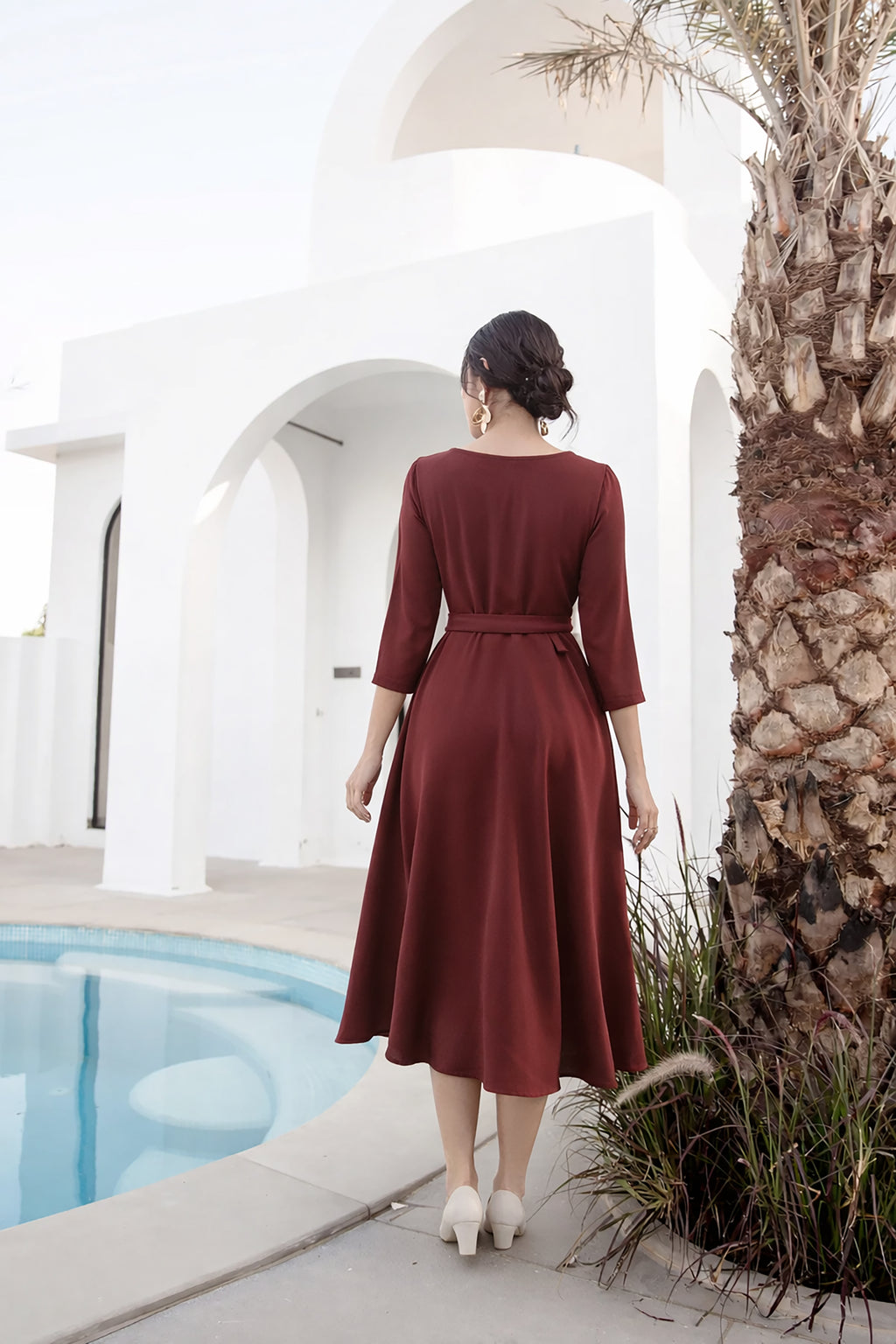 POLY A-LINE MIDI DRESS-MAROON