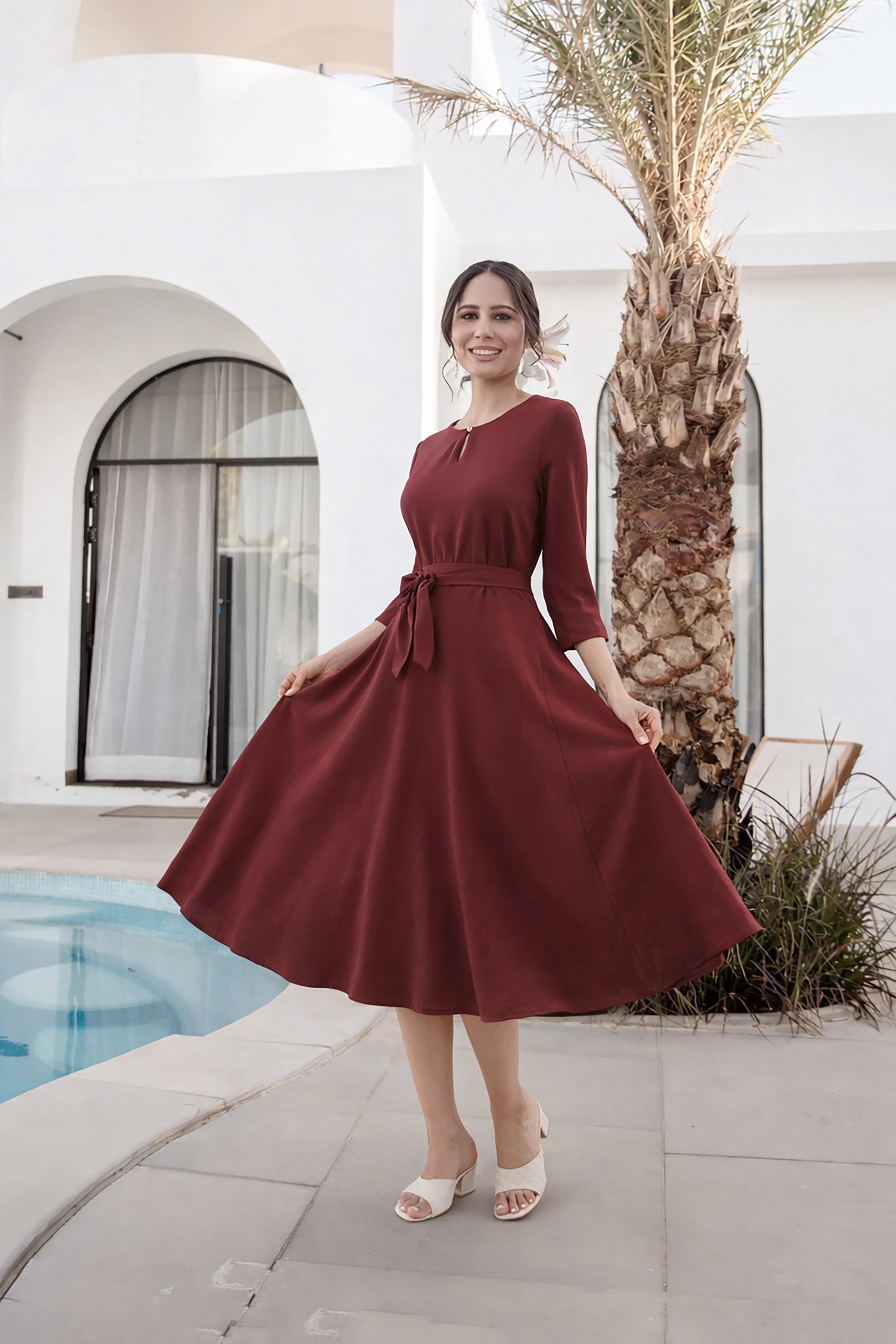 POLY A-LINE MIDI DRESS-MAROON