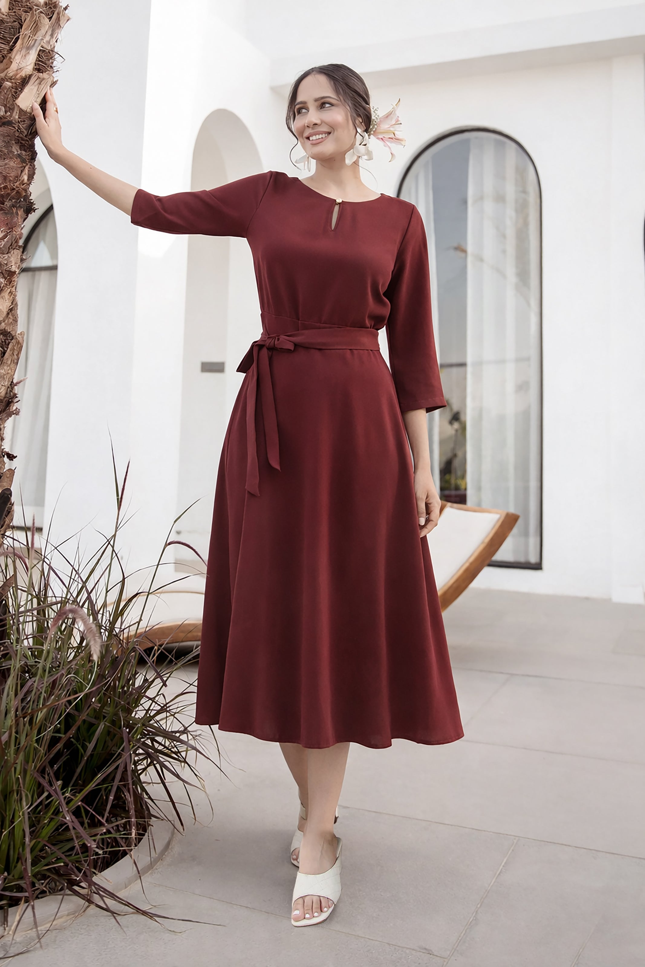 POLY A-LINE MIDI DRESS-MAROON