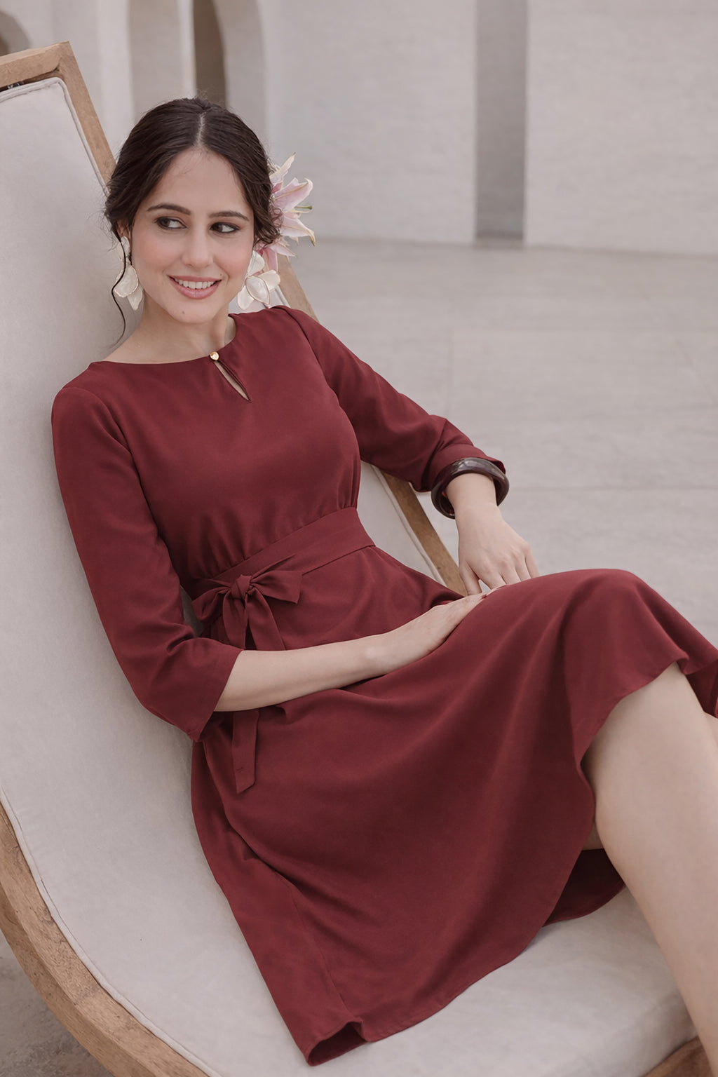 POLY A-LINE MIDI DRESS-MAROON