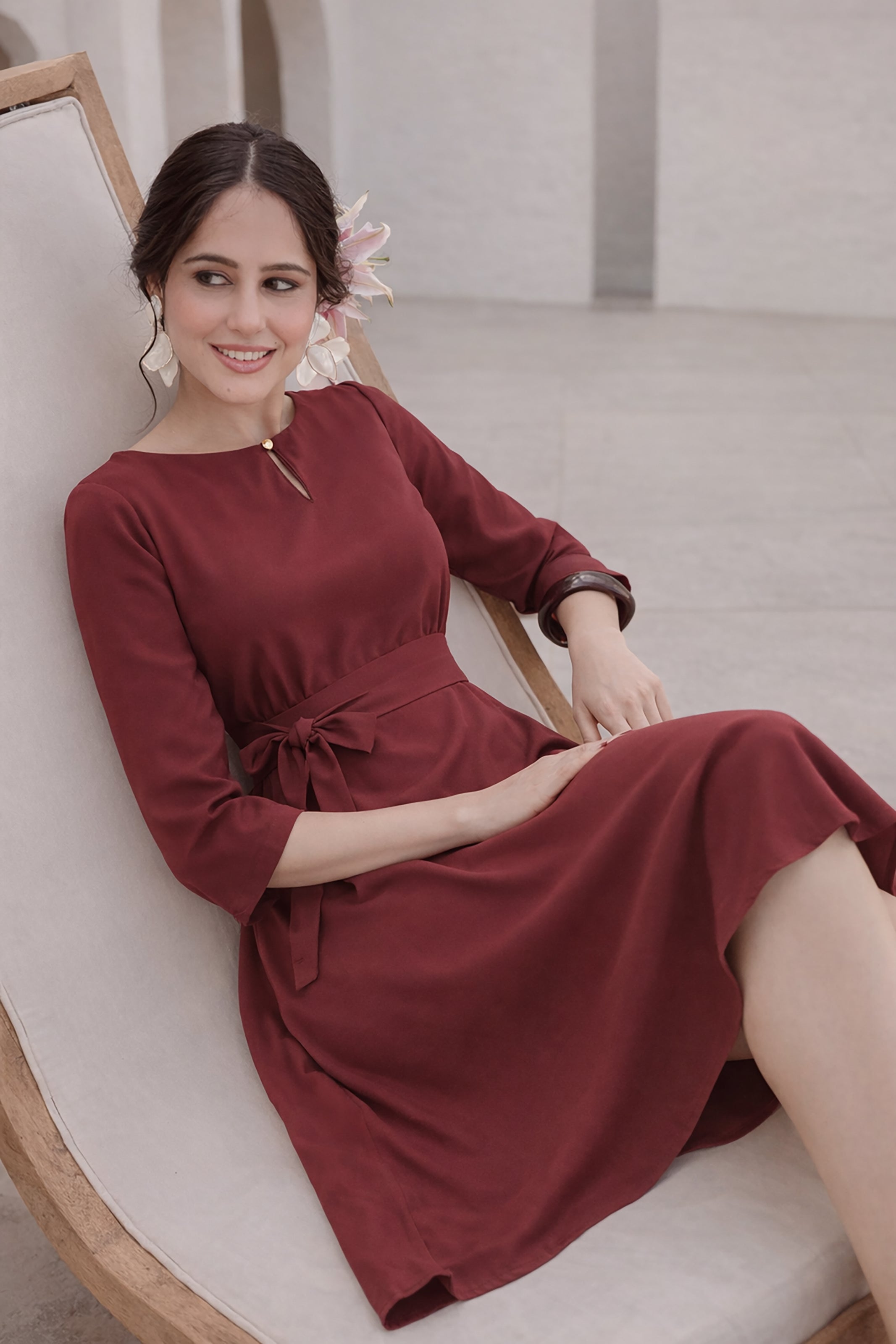POLY A-LINE MIDI DRESS-MAROON