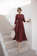 POLY A-LINE MIDI DRESS-MAROON