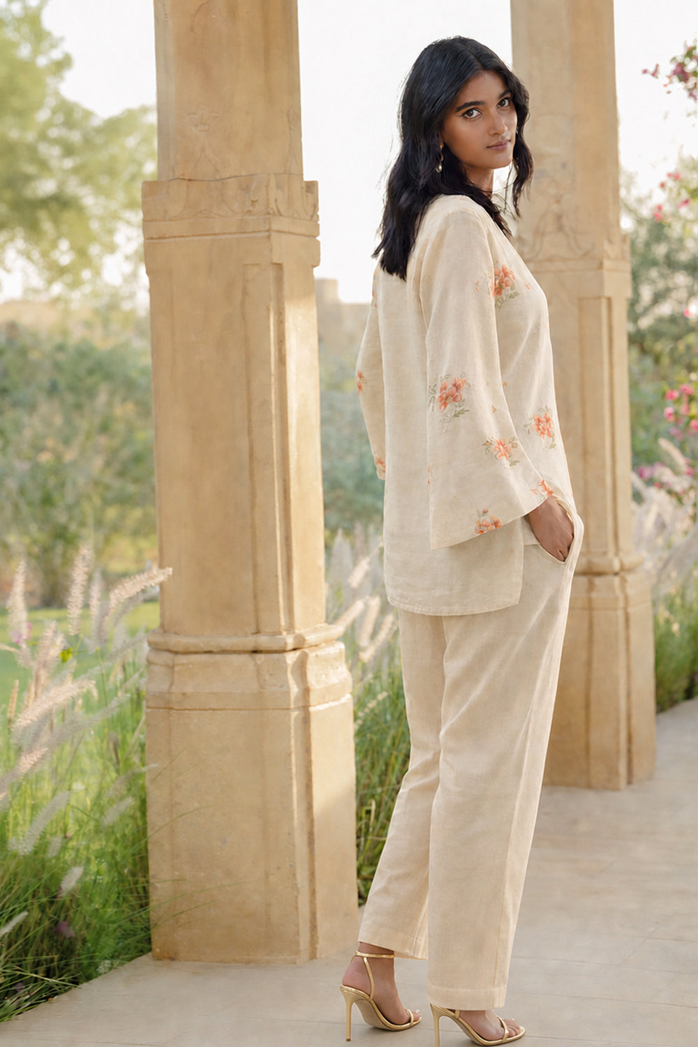COTTON FLORAL EMBROIDERED CO-ORD -RUST