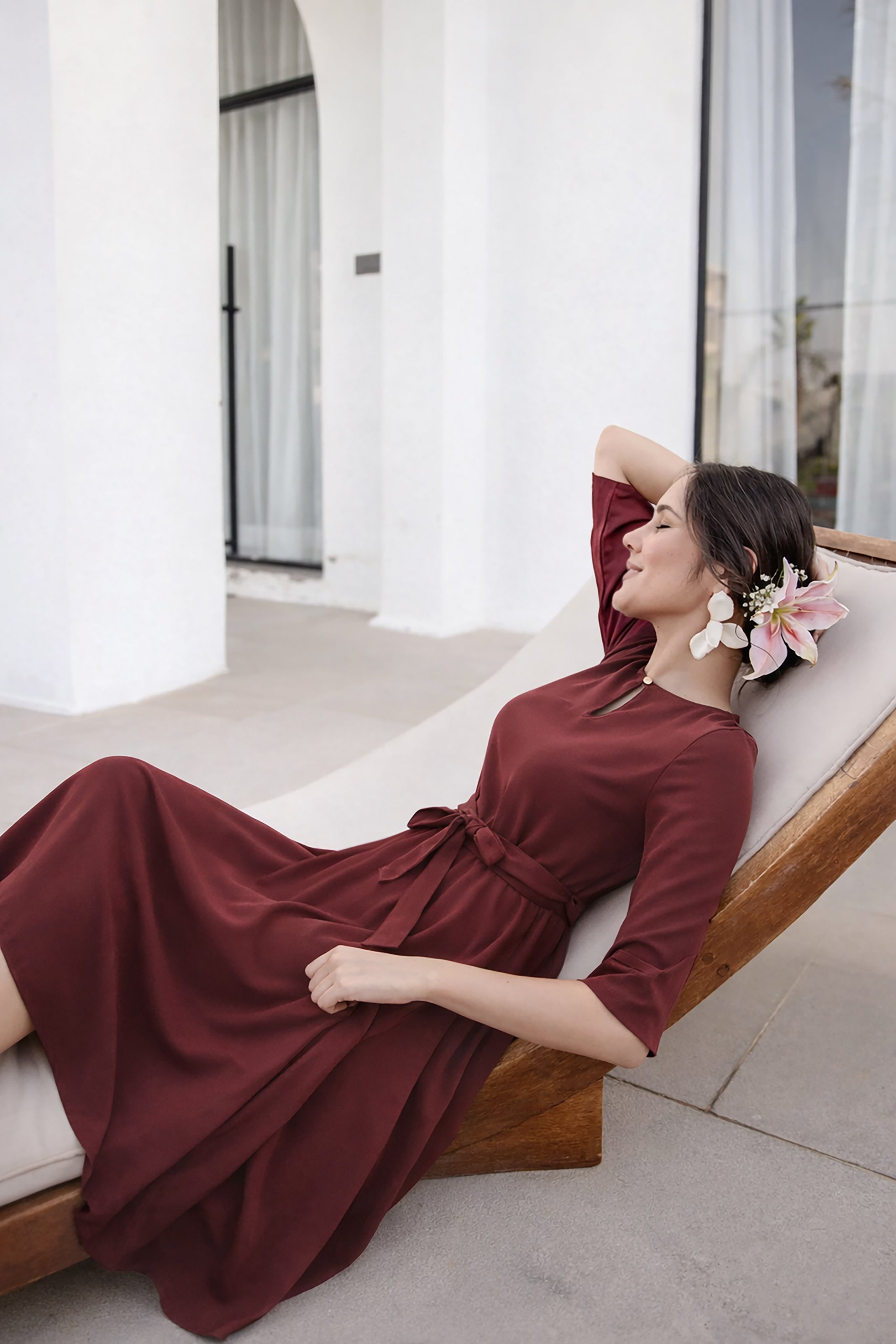 POLY A-LINE MIDI DRESS-MAROON