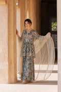 SILK BLEND PRINTED PEPLUM SHARARA SET- SAGE GREEN