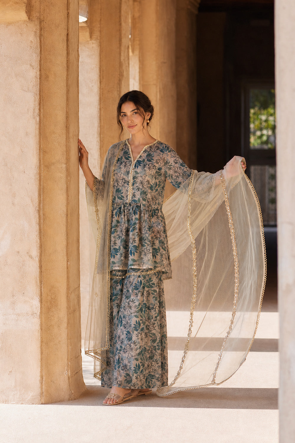 SILK BLEND PRINTED PEPLUM SHARARA SET- SAGE GREEN