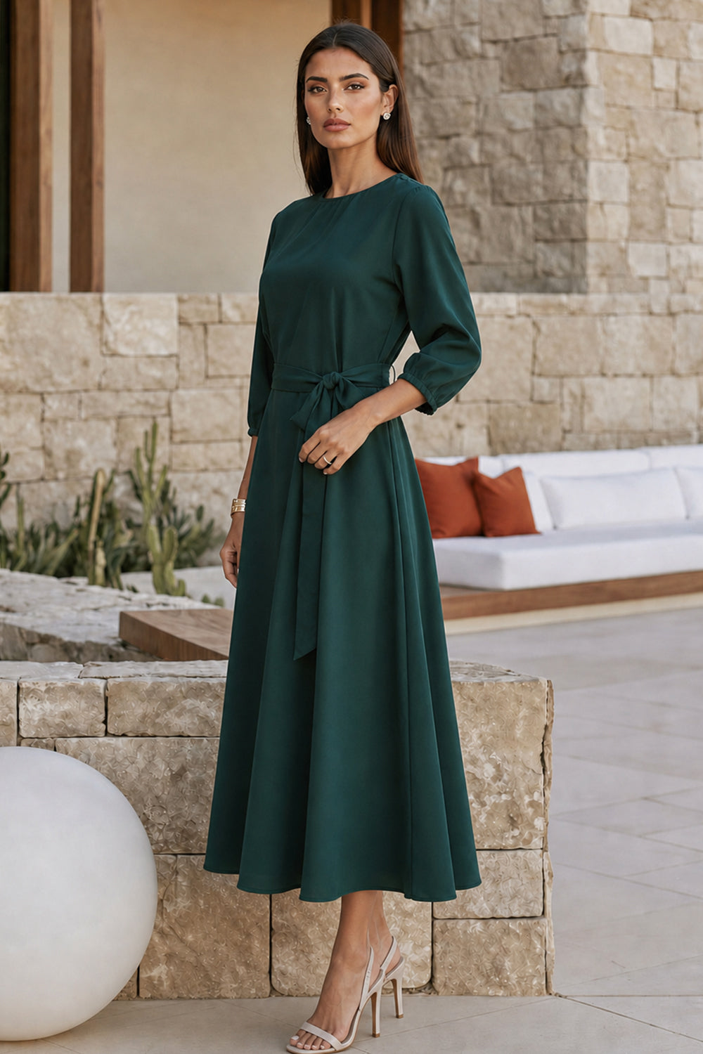 POLY A-LINE MIDI DRESS-GREEN