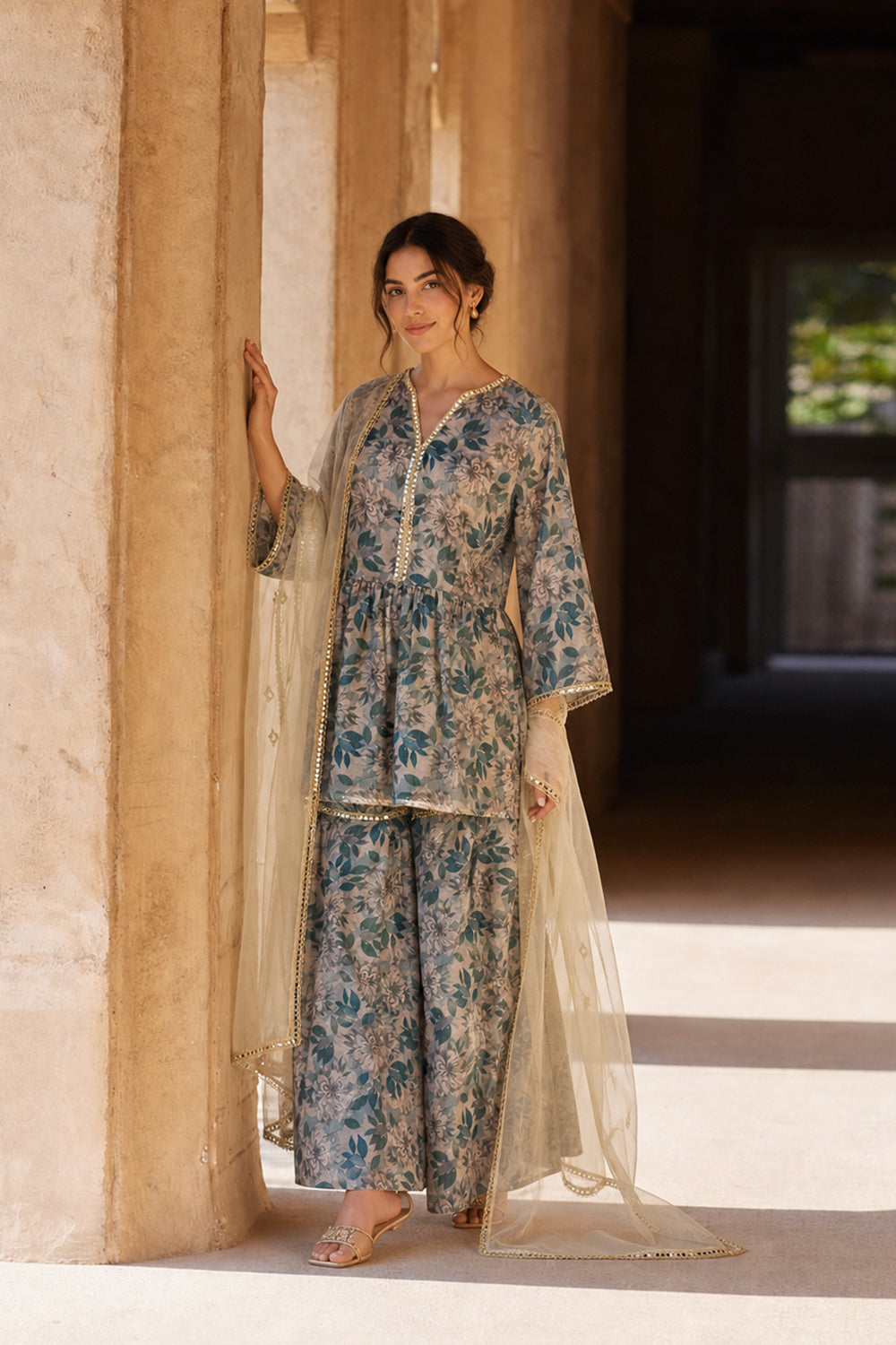 SILK BLEND PRINTED PEPLUM SHARARA SET- SAGE GREEN