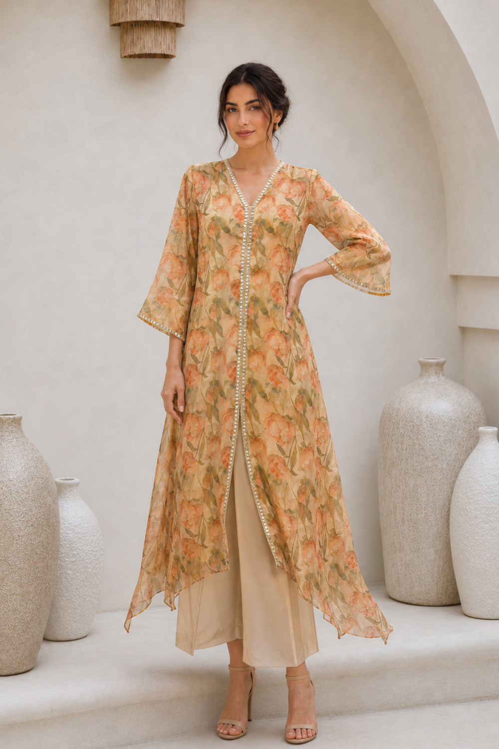 ORGANZA EMBELLISHED KURTA SET- BEIGE