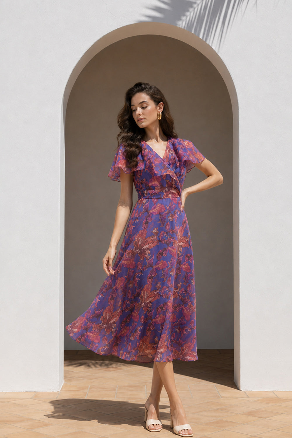 SILK ORGANZA FLUTTER SLEEVE DRESS-PURPLE PRINT