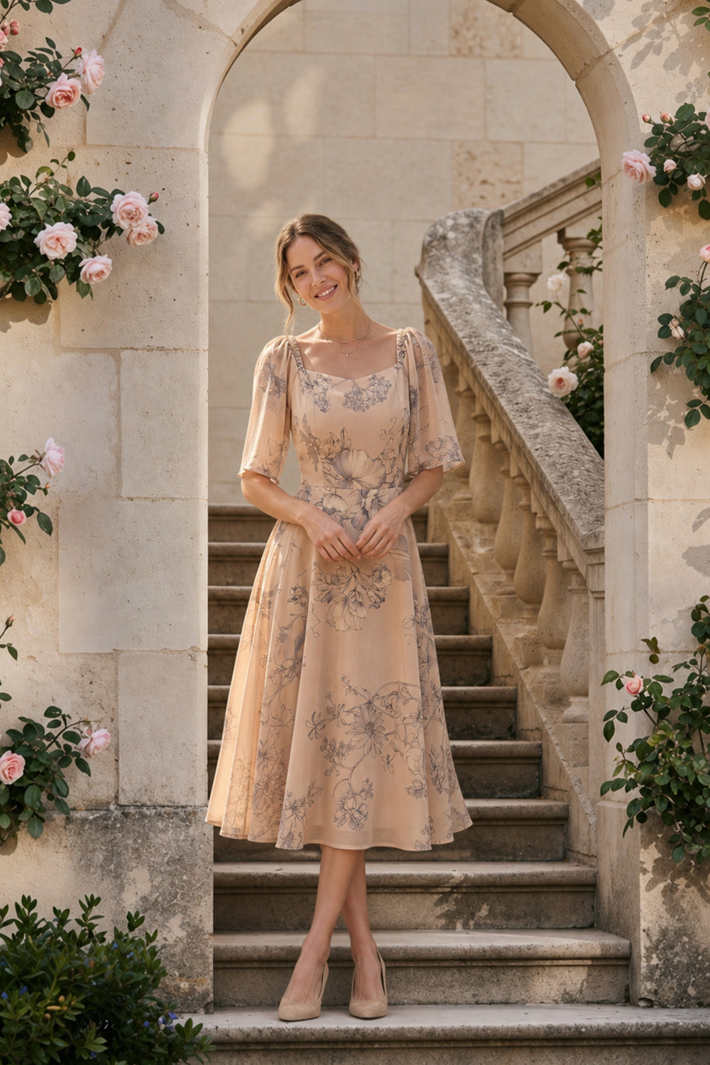 CHIFFON FIT & FLARE DRESS-NUDE