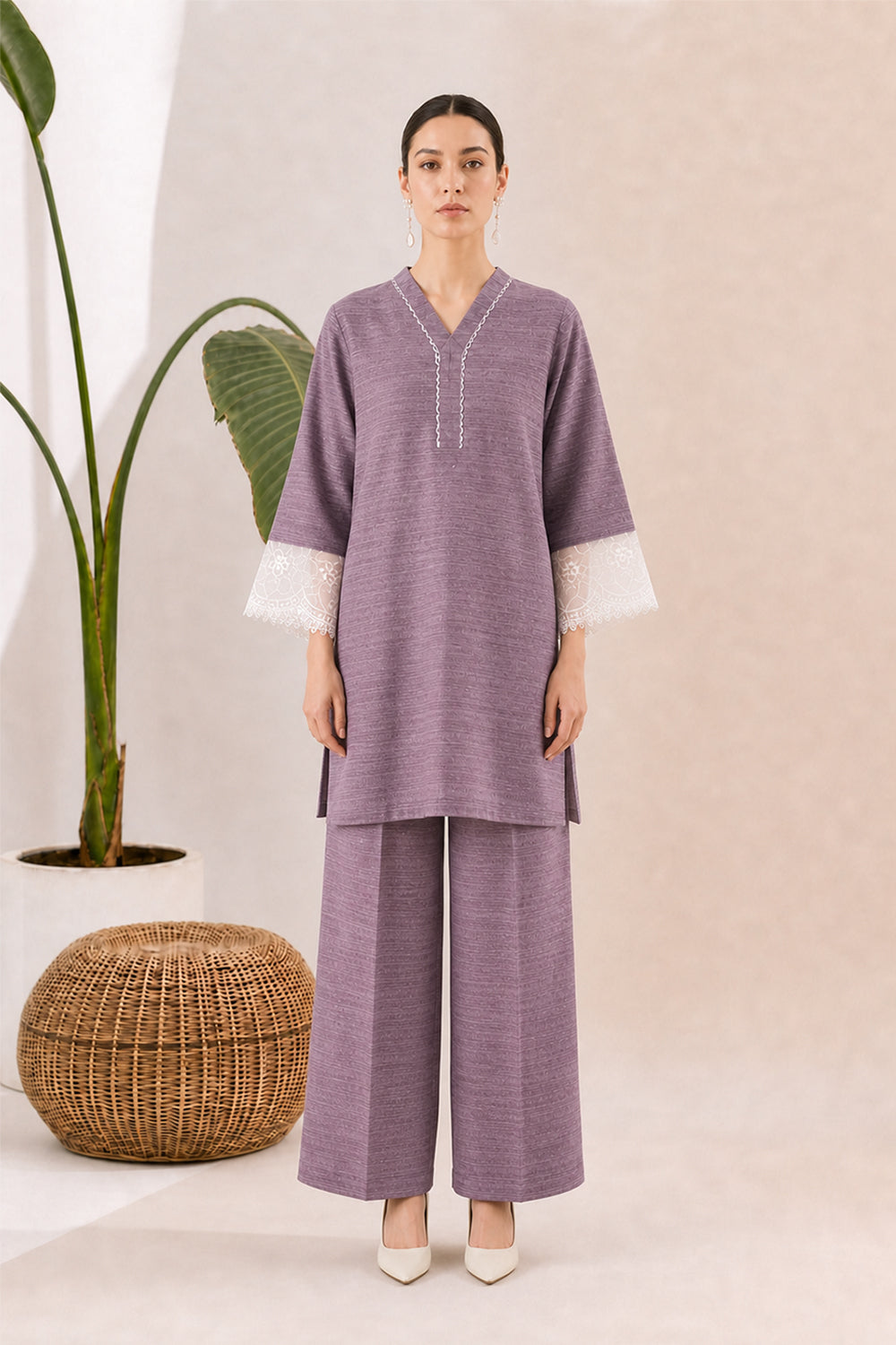 SILK BLEND LACE DETAILING KURTI SET- MAUVE PURPLE