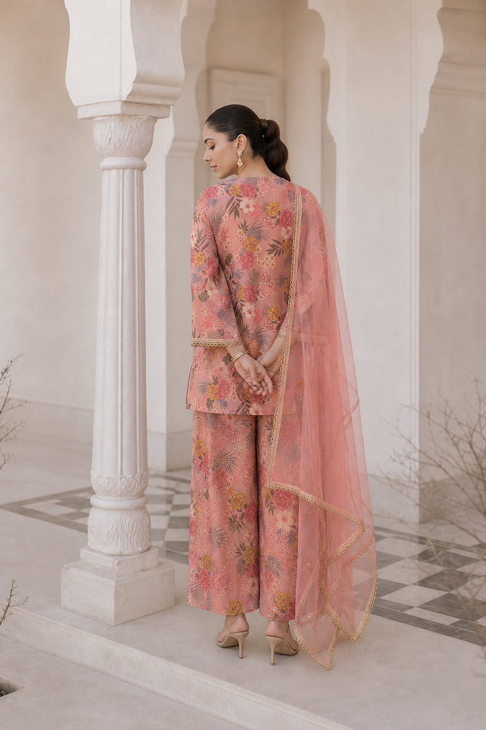 SILK BLEND PRINTED PEPLUM FARSHI SET- PINK