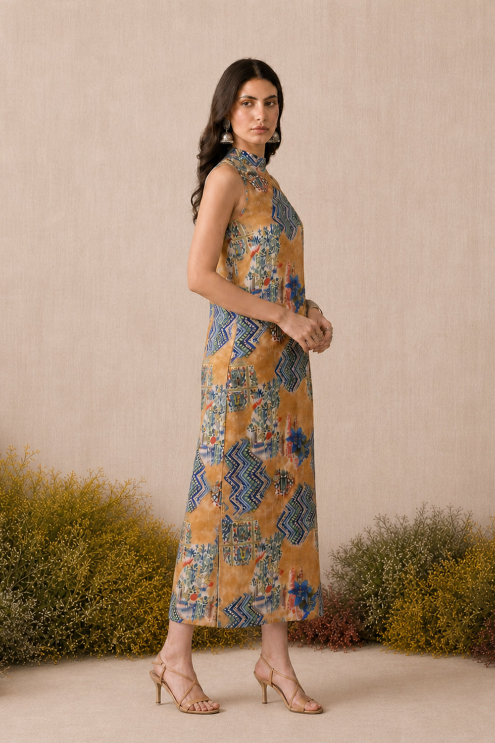 SILK MAXI DRESS- WALNUT BROWN & BLUE PRINTED