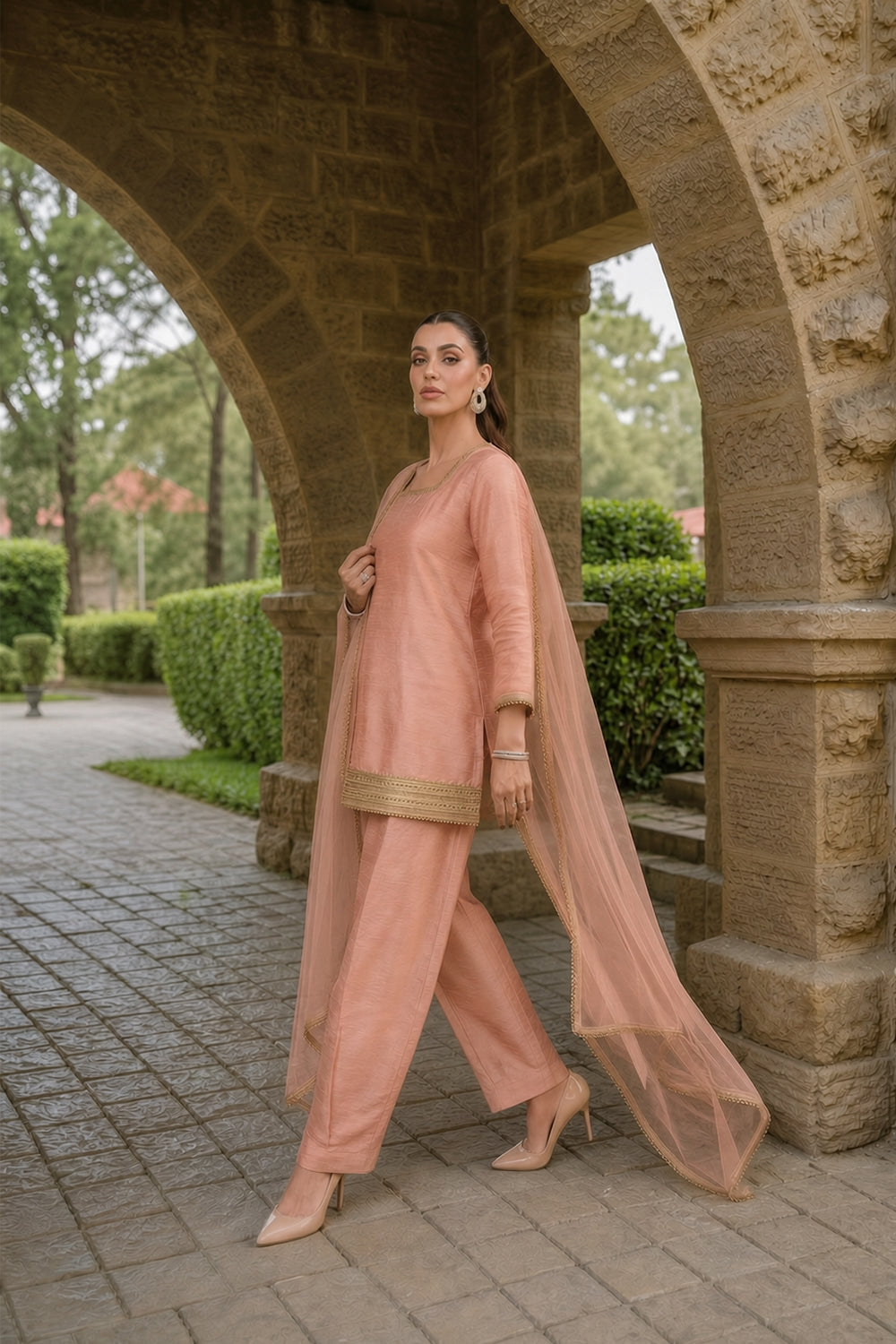 SILK BLEND CORSET SUIT SET- PEACH