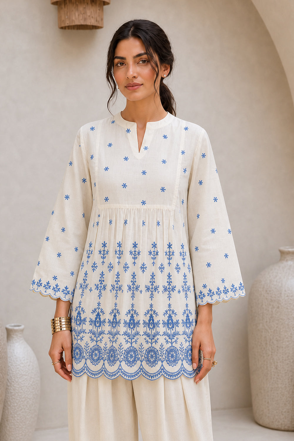 COTTON EMBROIDERED PEPLUM TOP- WHITE & BLUE