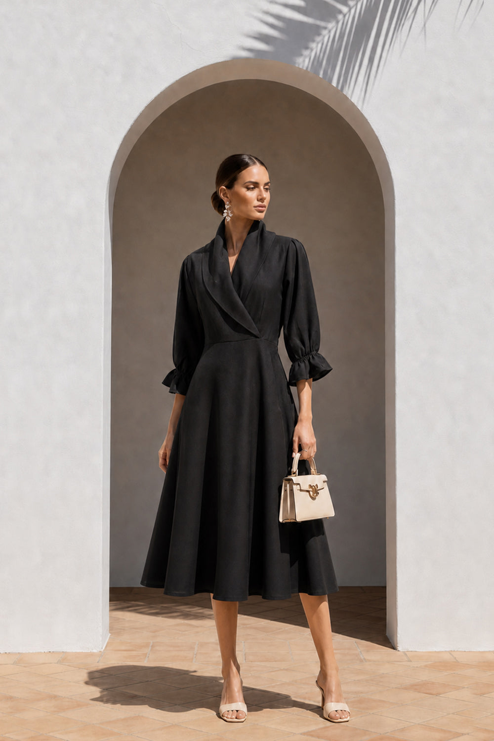 POLY MOSS SHAWL COLLAR DRESS- BLACK
