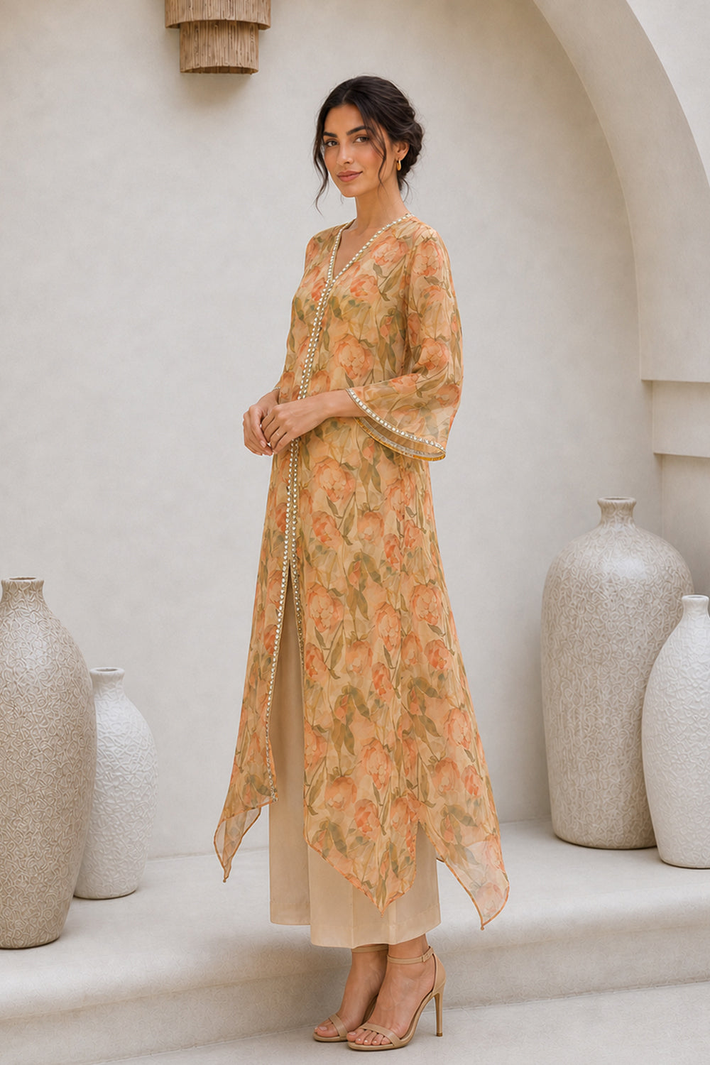 ORGANZA EMBELLISHED KURTA SET- BEIGE