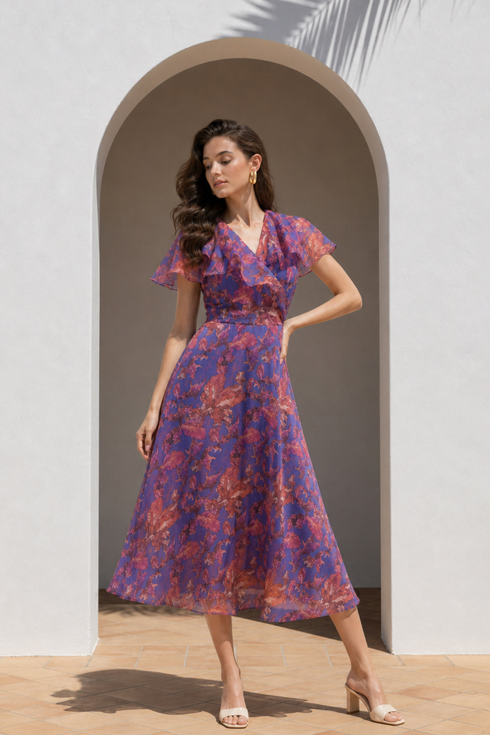 SILK ORGANZA FLUTTER SLEEVE DRESS-PURPLE PRINT