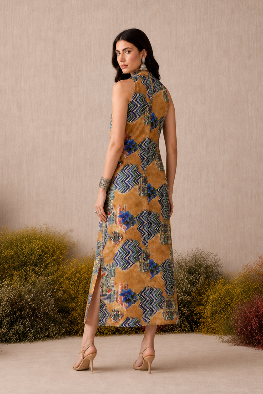 SILK MAXI DRESS- WALNUT BROWN & BLUE PRINTED