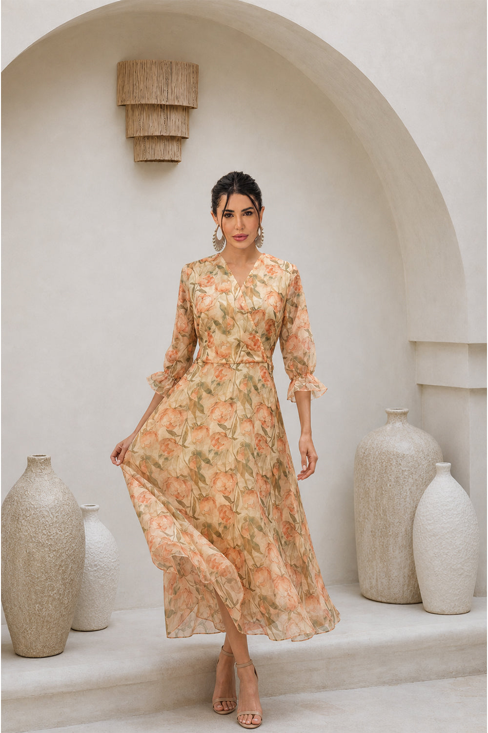 ORGANZA PRINTED A-LINE DRESS- SOFT CREAM