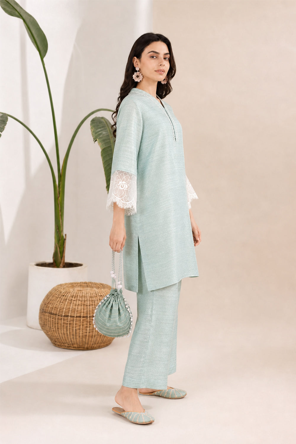 SILK BLEND LACE DETAILING KURTI SET- MINT GREEN