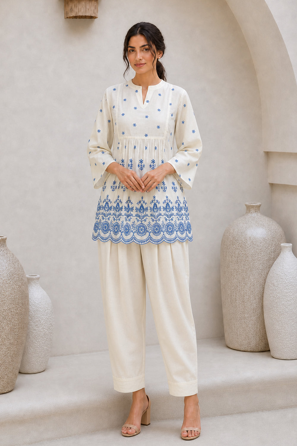 COTTON EMBROIDERED PEPLUM TOP- WHITE & BLUE