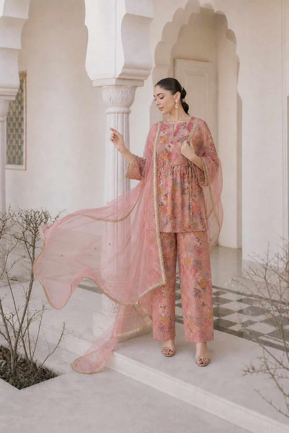 SILK BLEND PRINTED PEPLUM FARSHI SET- PINK