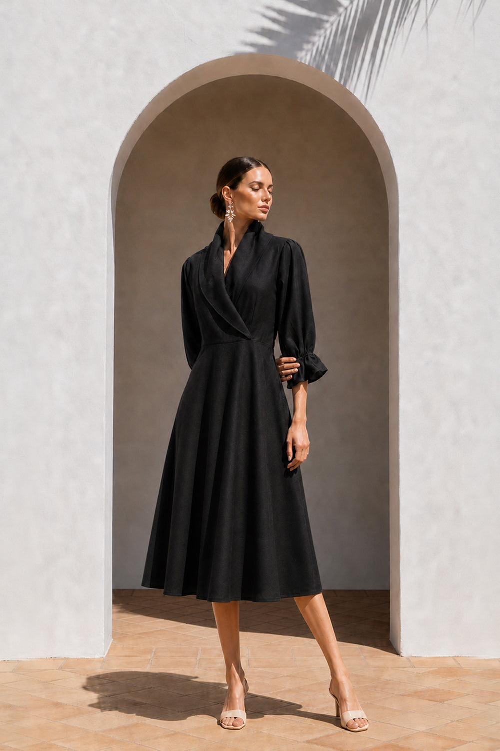 POLY MOSS SHAWL COLLAR DRESS- BLACK
