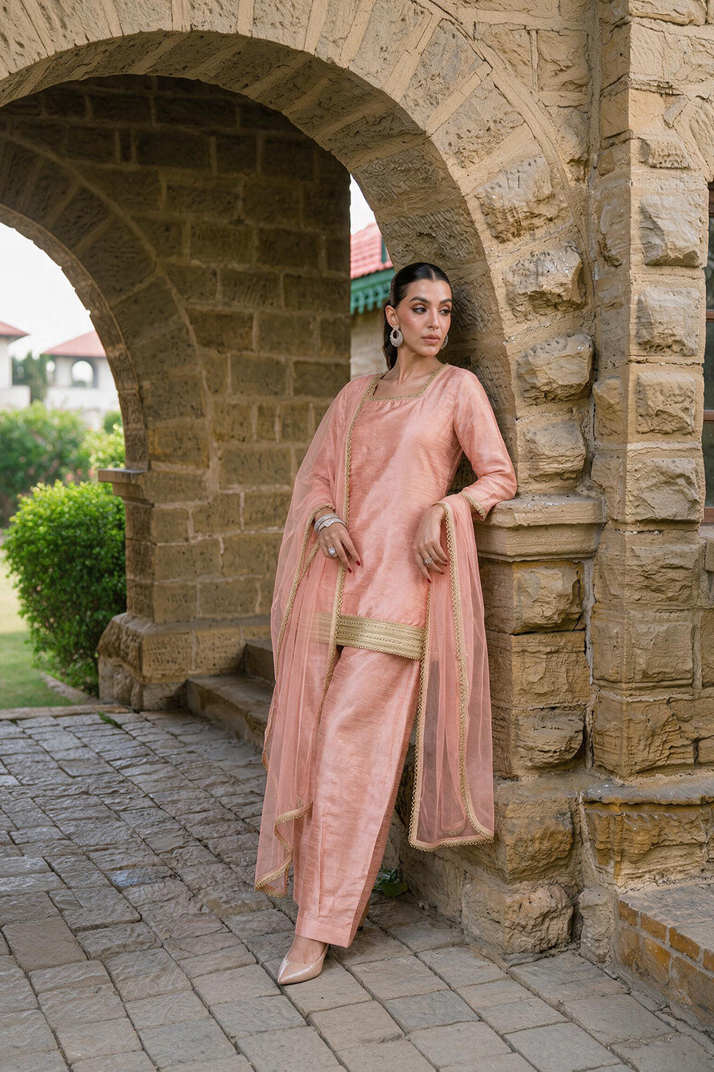 SILK BLEND CORSET SUIT SET- PEACH