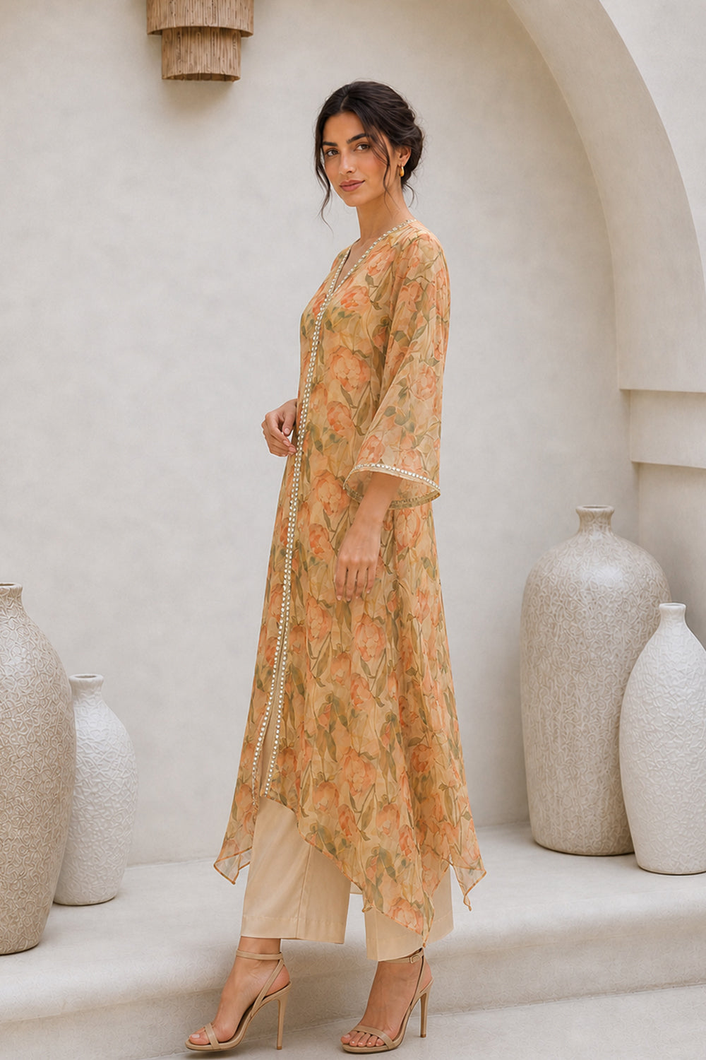 ORGANZA EMBELLISHED KURTA SET- BEIGE