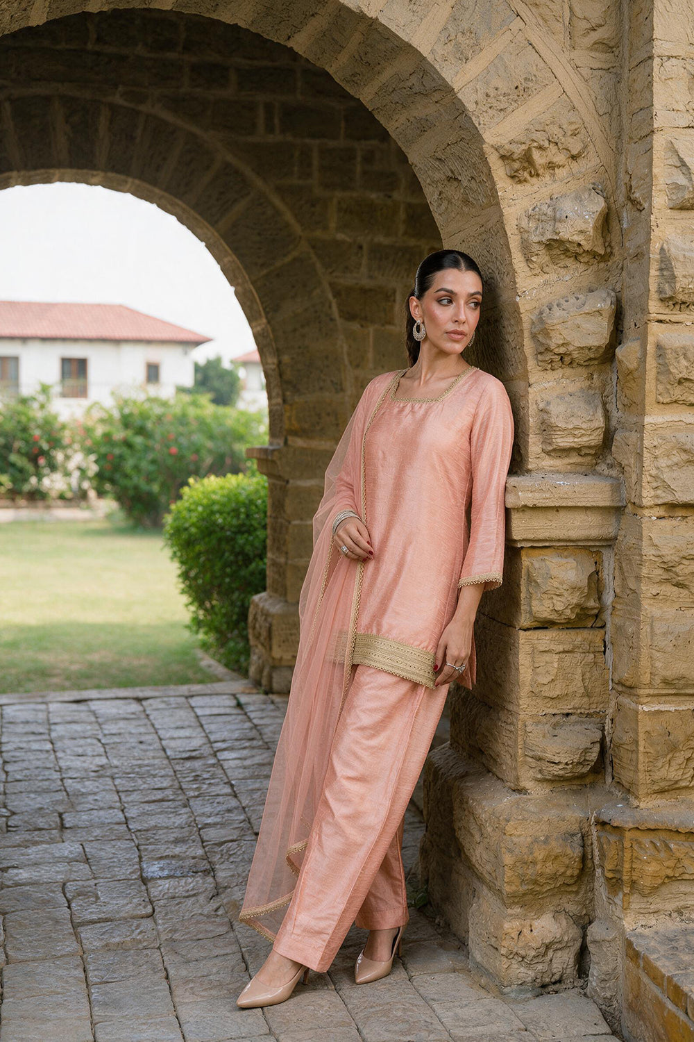 SILK BLEND CORSET SUIT SET- PEACH