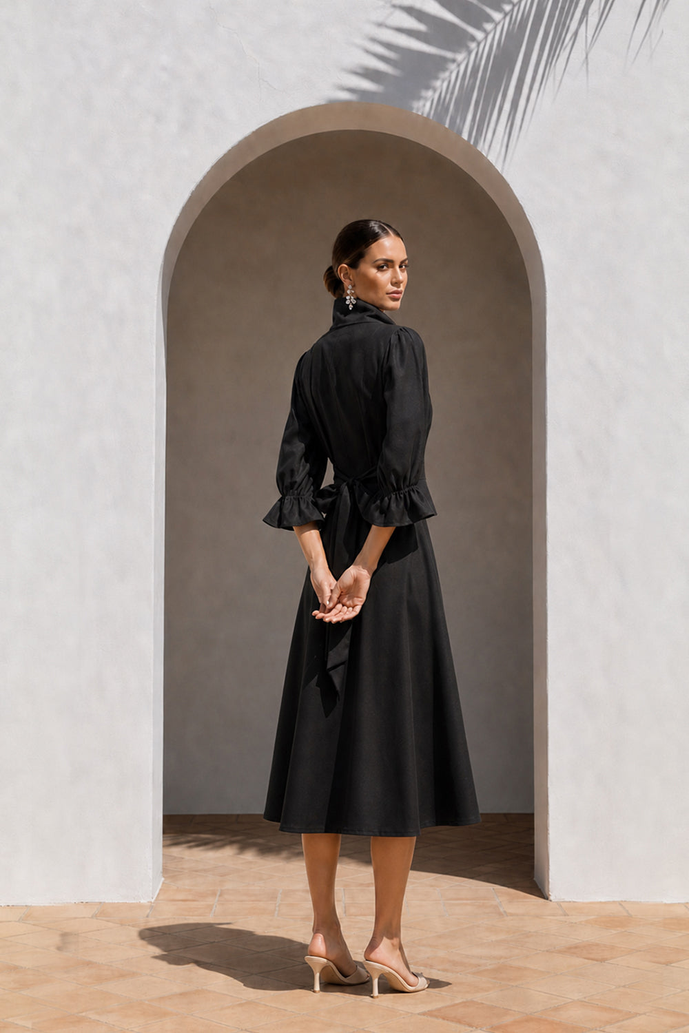 POLY MOSS SHAWL COLLAR DRESS- BLACK
