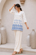 COTTON EMBROIDERED PEPLUM TOP- WHITE & BLUE