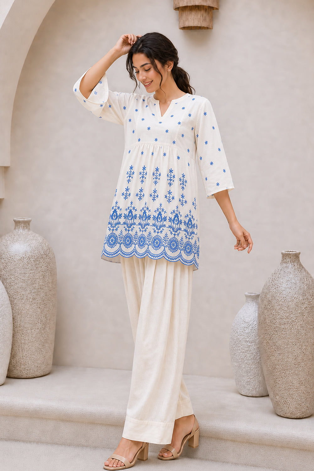COTTON EMBROIDERED PEPLUM TOP- WHITE & BLUE
