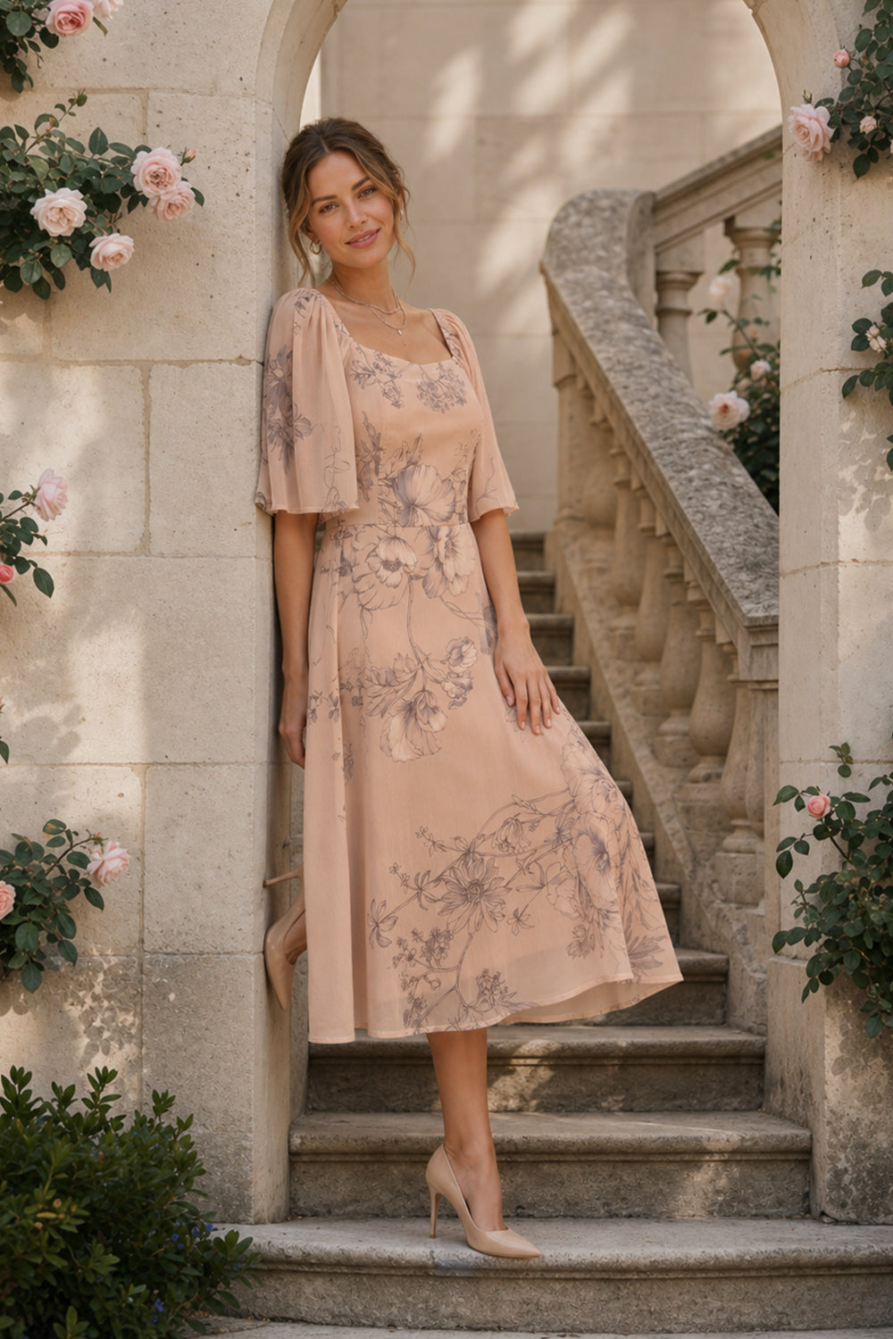 CHIFFON FIT & FLARE DRESS-NUDE