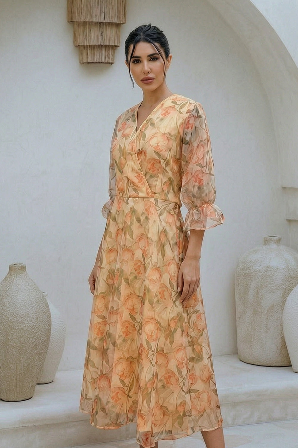 ORGANZA PRINTED A-LINE DRESS- SOFT CREAM